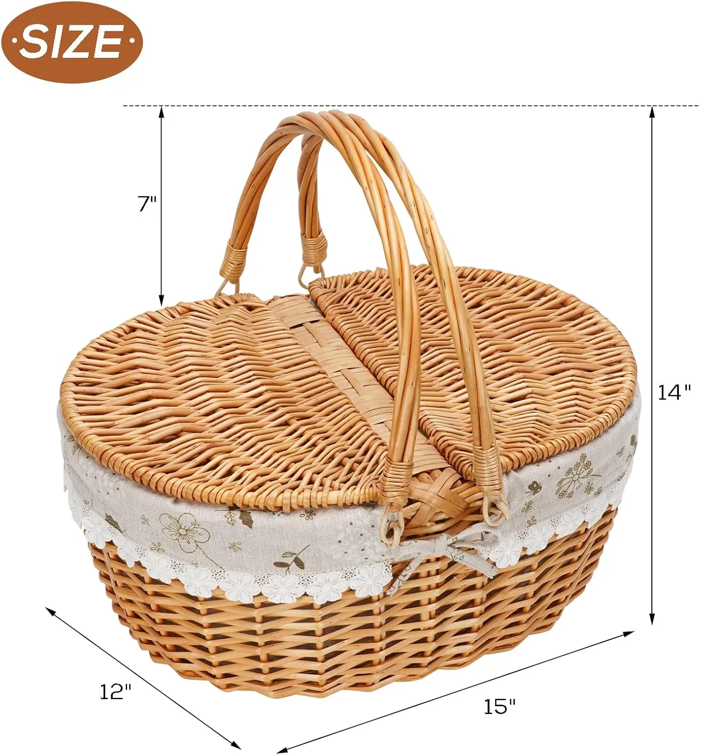 ZORMY Wicker Picnic Baskets with Removable Liner, Empty Picnic Basket with Lid, Picnic Hamper with Folding Woven Handles for Picnic, Camping, Outdoor, Halloween, Thanks Giving - WhiteKapok