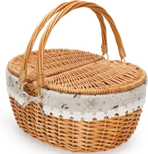 ZORMY Wicker Picnic Baskets with Removable Liner, Empty Picnic Basket with Lid, Picnic Hamper with Folding Woven Handles for Picnic, Camping, Outdoor, Halloween, Thanks Giving - WhiteKapok